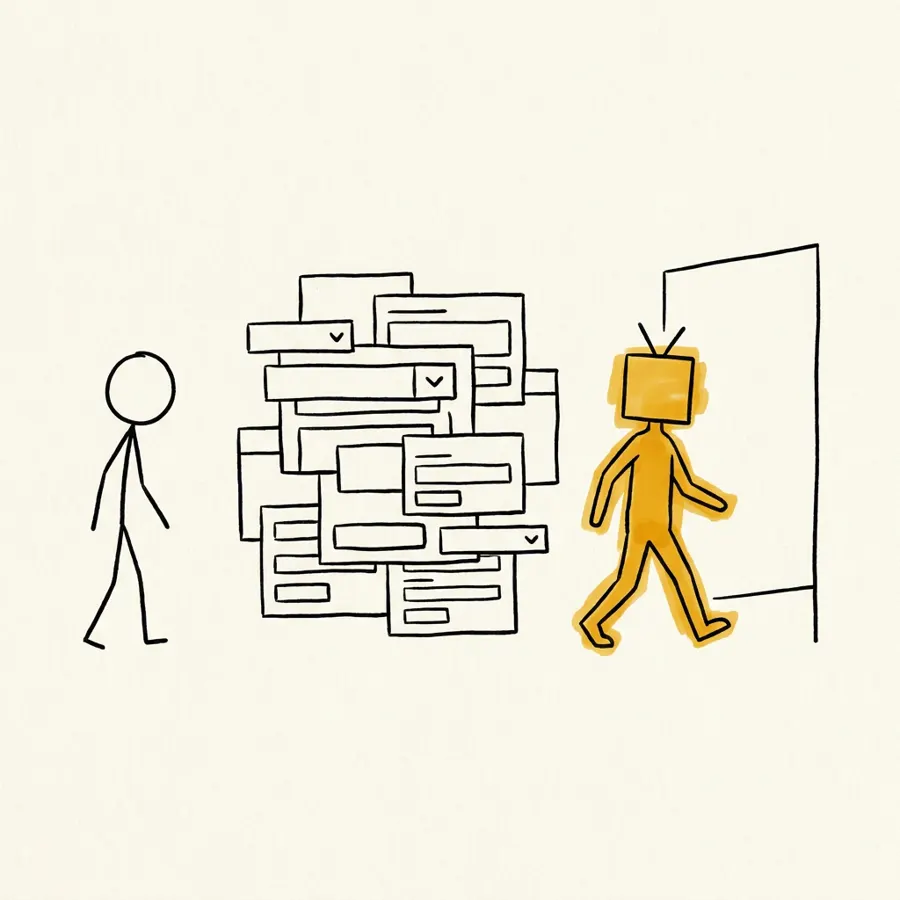 A la izquierda una figura humana mira un montón confuso de menús, botones y formularios apilados; a la derecha una figura amber con cabeza cuadrada cruza directo hacia una puerta — el agente como nuevo usuario principal del software.
