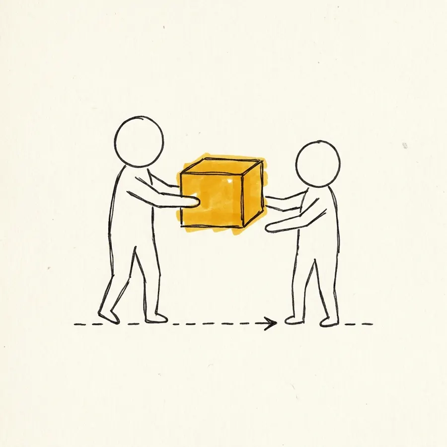 Una figura entrega una caja marcada a otra