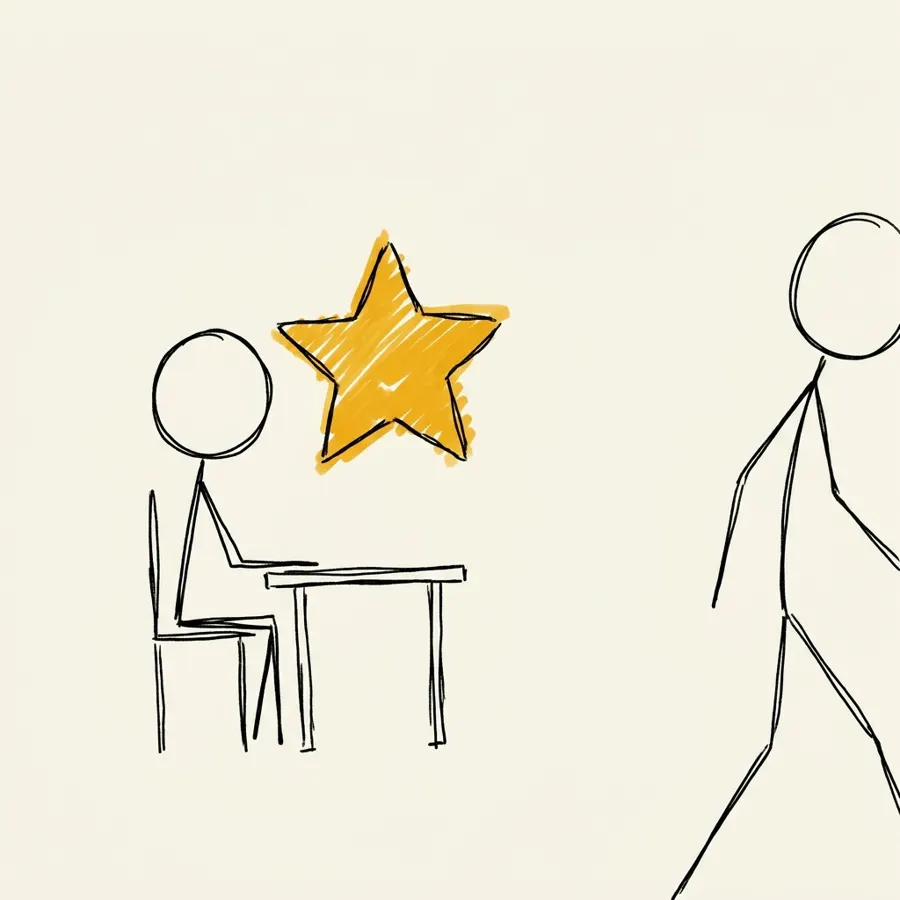Stick figure consultor sentado en escritorio recibe coaching de una estrella amber flotante mientras una figura más grande (gerente) sale del frame por la derecha.