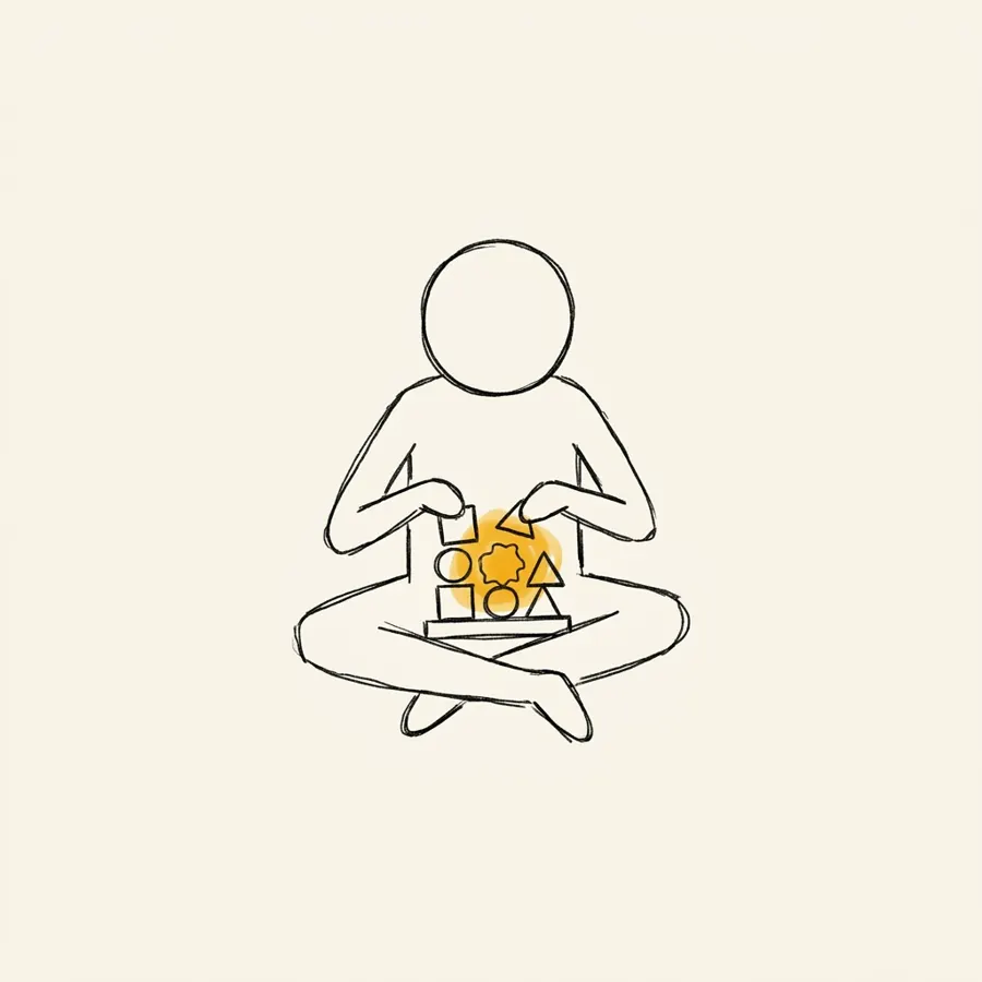 Un stick figure SDR sentado en posición flor de loto ensamblando piezas geométricas pequeñas en un dispositivo en su regazo; una pieza central del dispositivo está en amber.