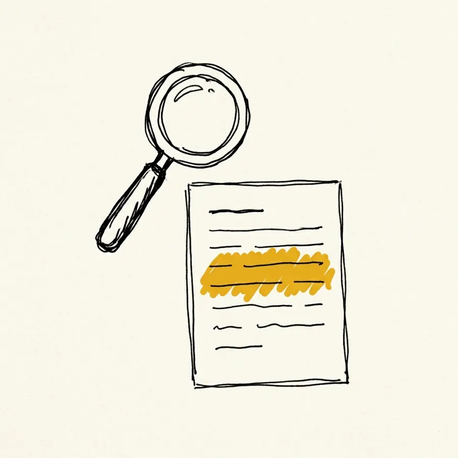 Una lupa sobre un documento; una línea subrayada es la evidencia verificable