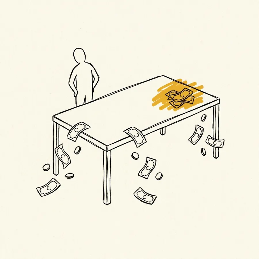 Mesa de trazo de tinta con billetes y monedas cayéndose por tres bordes; una figura de pie mirando hacia otro lado. Lo que queda sobre la mesa, marcado en amber.